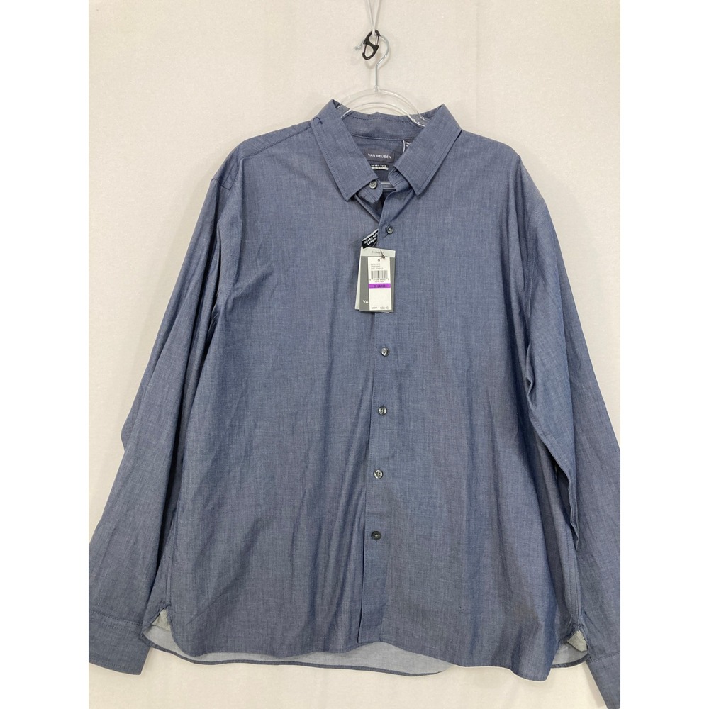 New Van Heusen Button Up Shirt 2XL Blue Gray Never Tuck‎ Slim Fit Cotton Stretch